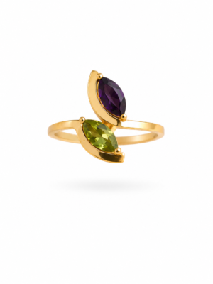 Guldring med peridot og amatyst