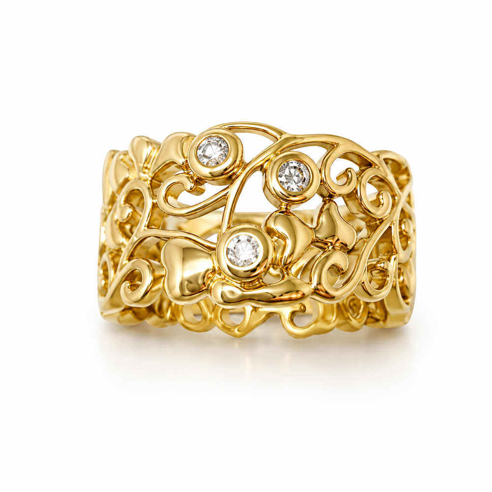 "Blomster ring" guld med 3 diamanter